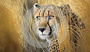 Majestic cheetah hiding watching alertness in wild generated by AI