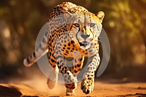 Majestic Cheetah in Motion on a Dusty Savannah, AI Generated