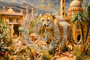 Majestic Cheetah Prowling in a Desert Landscape with Historical Monument Miniatures in the Background