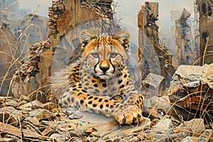 Majestic Cheetah Resting Amidst Ruins, Vivid Wildlife Scene, Powerful Predator in Repose, Wild Animal in Natural Habitat