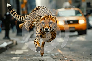 Majestic Cheetah Running Fiercely Through Urban City Streets with Taxis in the Background