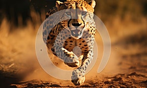 Majestic cheetah sprints across a dusty desert road. AI generative