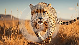 Majestic cheetah walking in African savannah, beauty in nature generated by AI