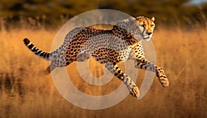 Majestic cheetah walking in African savannah, nature tranquil beauty generated by AI