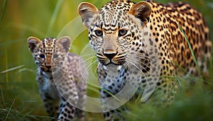 Majestic cheetah walking in African savannah, staring generated by AI