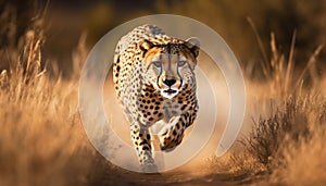 Majestic cheetah walking in the savannah, alertness in its eyes generated by AI