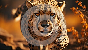 Majestic cheetah walking, staring, beauty in nature generated by AI