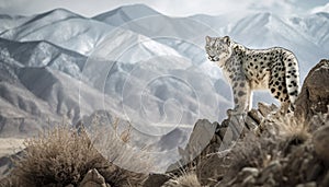 Majestic cheetah walking in tranquil mountain wilderness, spotted beauty in nature generated by AI