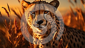 Majestic cheetah in the wild, gazing at sunset tranquil beauty generated by AI