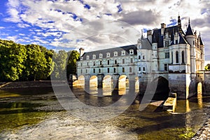 Majestic Chenonceau castle over sunset, Beautiful castles of Loire valley in France photo