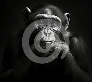 Majestic chimpanzee black and white monkey portrait isolated on black