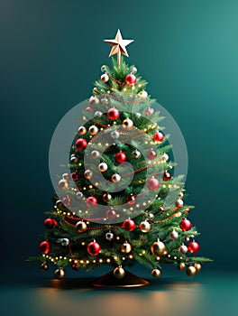 Christmas Tree with a Star on Top, Beautifully Decorated with Lights and Ornaments, Creating a Festive and Joyful Holiday photo