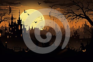 Majestic City panorama halloween sunset. Generate Ai