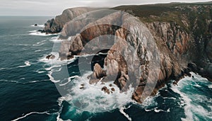 Majestic cliff landscape, eroded rock formation, breaking wave, horizon over water generated by AI