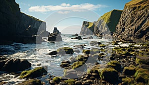 Majestic cliff, rock formation, tranquil sea, sunset, remote Asturias generated by AI