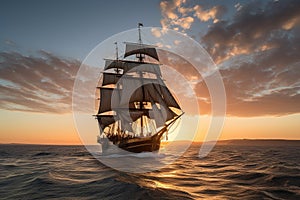 majestic clipper ship sailing on calm sea, with billowing sails and sun setting in the background