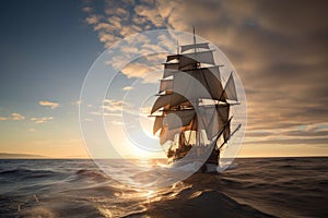 majestic clipper ship sailing on calm sea, with billowing sails and sun setting in the background