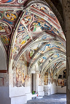 Majestic cloister with medieval frescoes in Brixen dome, South Tyrol, Italy