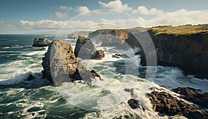 Majestic coastline, breaking waves, rough cliffs nature awe inspiring beauty generated by AI