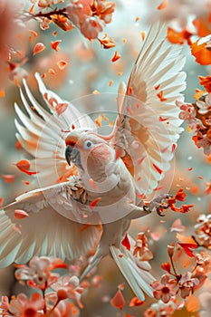 Majestic Cockatoo in Flight Among Vibrant Orange Blossoms, Exotic Bird Spreading Wings in Floral Ambience, Wildlife Photography
