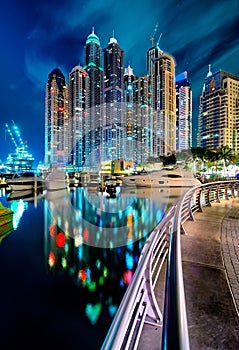 Majestic colorful dubai marina skyline during night. Dubai marina, United Arab Emirates.