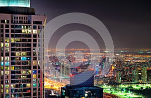 Majestic colorful dubai marina skyline during night. Dubai marina, United Arab Emirates.