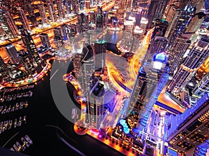 Majestic colorful dubai marina skyline during night. Dubai marina, United Arab Emirates.