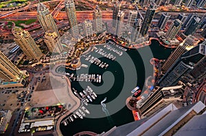 Majestic colorful dubai marina skyline during night. Dubai marina, United Arab Emirates.