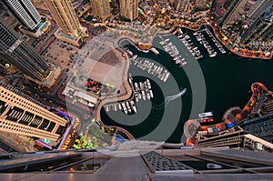 Majestic colorful dubai marina skyline during night. Dubai marina, United Arab Emirates.