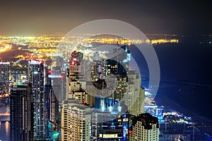 Majestic colorful dubai marina skyline during night. Multiple tallest skyscrapers of the world. Dubai marina, United Arab Emirates