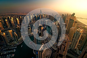 Majestic colorful dubai marina skyline during sunset. Dubai marina, United Arab Emirates.