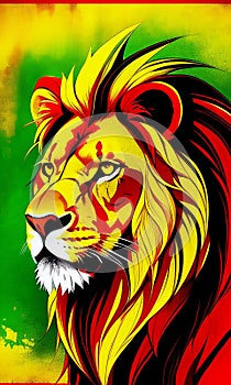 Majestic, and colorful lion of Jamaica, semi profile view ,illustrates pride & strength