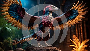 Majestic Colorful Phoenix Fantasy Creature with Spread Wings in Mysterious Ancient Setting photo