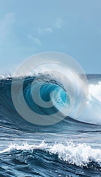 Majestic colossal ocean wave rising dramatically under clear blue sky with copy space