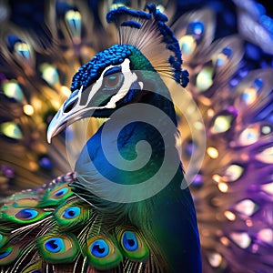 A majestic, cosmic peacock with feathers of iridescent galaxies, strutting along the event horizon of a black hole4