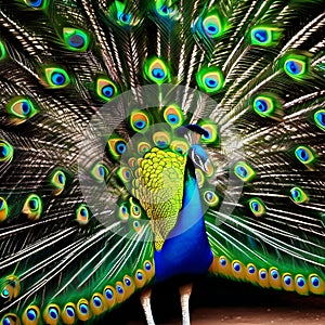 A majestic, cosmic peacock with feathers of iridescent galaxies, strutting along the event horizon of a black hole5