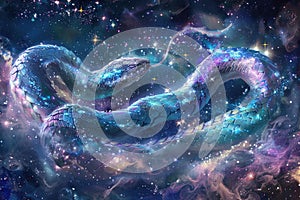 Majestic cosmic snake coiling through the starry expanse of space, combining elements of fantasy and astrology photo
