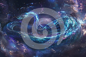 Majestic cosmic snake coiling through the starry expanse of space, combining elements of fantasy and astrology photo
