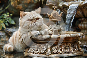 Majestic Cream Colored Persian Cat with Regal Crown Lounging Beside Ornate Vintage Fountain in a Serene Garden Setting