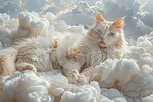 Majestic Creamy Furred Cat Lounging Among Fluffy White Clouds in a Serene Sky Inspired Setting, Dreamy Feline Fantasy Landscape