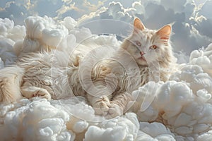 Majestic Creamy Furred Cat Lounging Among Fluffy White Clouds in a Serene Sky Inspired Setting, Dreamy Feline Fantasy Landscape photo