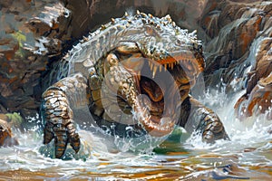 Majestic Crocodile Emerging from Water with Open Jaws in a Dynamic Wildlife Illustration