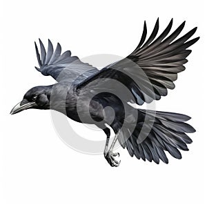 Majestic Crow in Flight on White Background, Generative AI