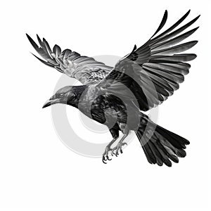 Majestic Crow in Flight on White Background, Generative AI