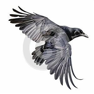 Majestic Crow in Flight on White Background, Generative AI