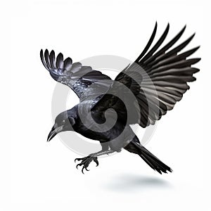 Majestic Crow in Flight on White Background, Generative AI