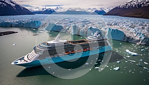 Majestic cruise ship sailing through stunning northern seascape with glaciers in canada or alaska.