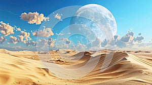 Majestic 3D sand dunes in a surreal desert setting below a grandly large moon, painting a mystifying and awe-inspiring photo