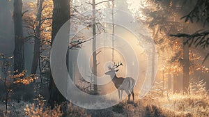 Majestic deer standing in a misty forest during early morning, soft light filtering through trees, symbolizing peace and natural