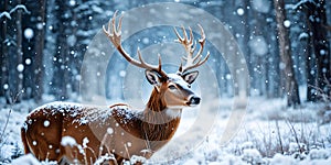 Majestic Deer Standing In Snowy Winter Forest With Falling Snowflakes And Peaceful Atmosphere